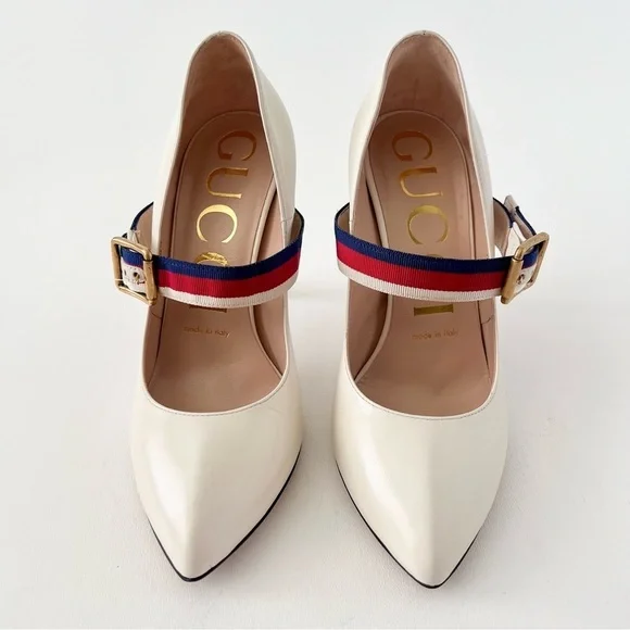 GUCCI | Sylvie Web Stripe Buckle White Leather Pumps EU 36 - Picture 2 of 16